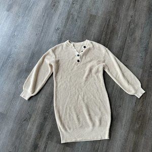 Adibosy Long Sleeve Waffle Knit Sweater Dress V Neck Button Henley Mini Dress M